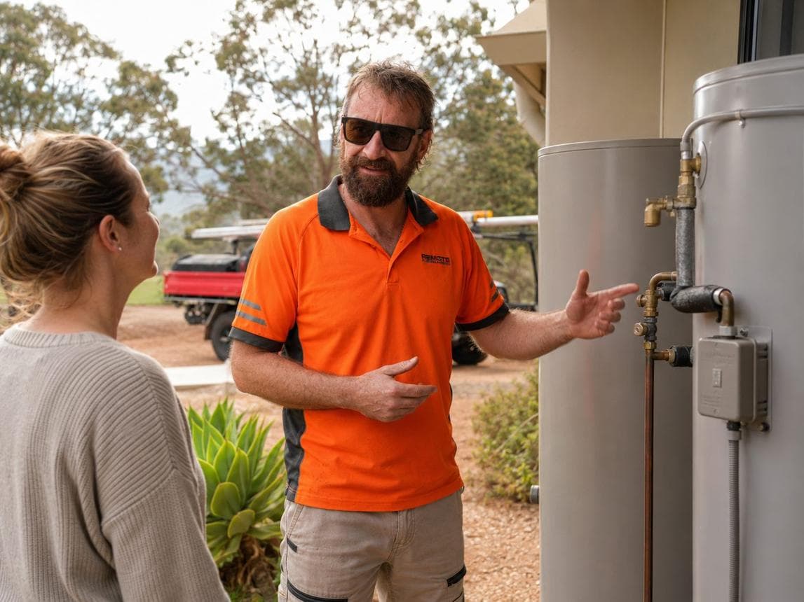 A tradie in an orange work shirt explaining a hot water system to a customer outside her home.